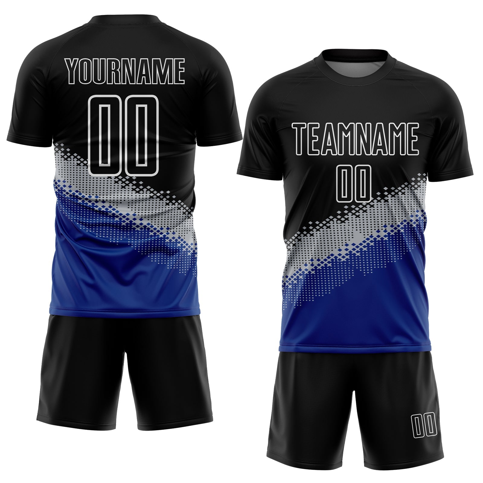 Custom Black Gray-Royal Gradient Geometric Shape Sublimation Soccer Uniform Jersey view 2