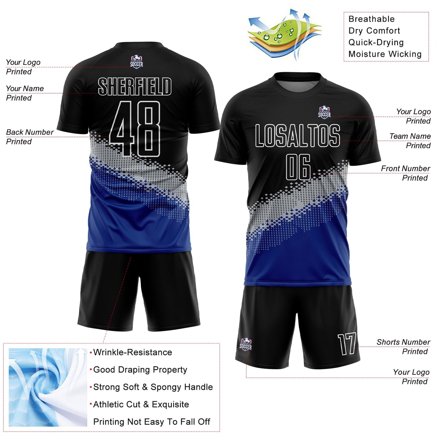 Custom Black Gray-Royal Gradient Geometric Shape Sublimation Soccer Uniform Jersey view 4