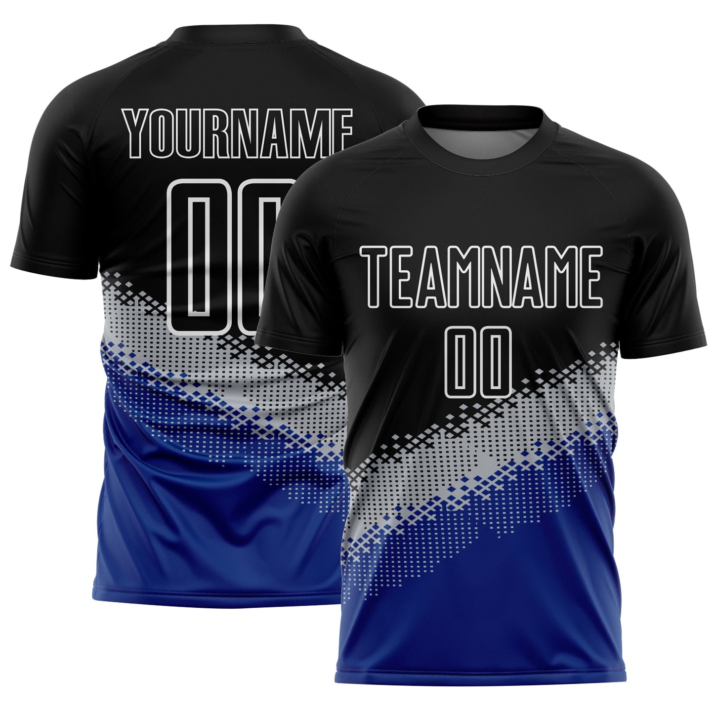Custom Black Gray-Royal Gradient Geometric Shape Sublimation Soccer Uniform Jersey - Main View