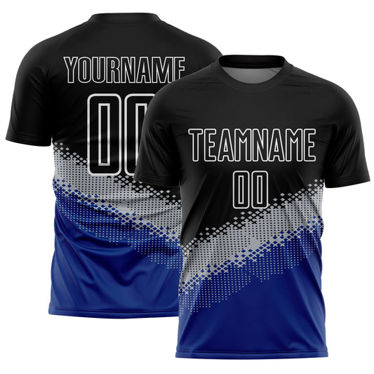 Custom Black Gray-Royal Gradient Geometric Shape Sublimation Soccer Uniform Jersey - Main View