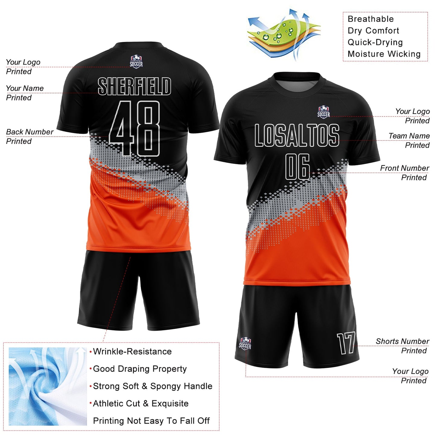Custom Black Gray-Orange Gradient Geometric Shape Sublimation Soccer Uniform Jersey view 4