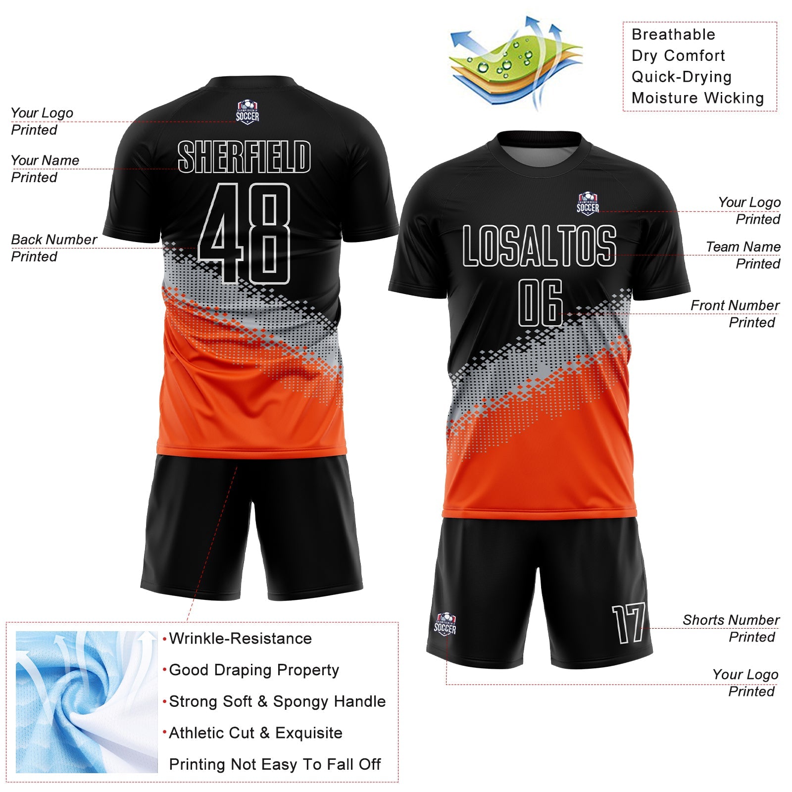 Custom Black Gray-Orange Gradient Geometric Shape Sublimation Soccer Uniform Jersey view 4