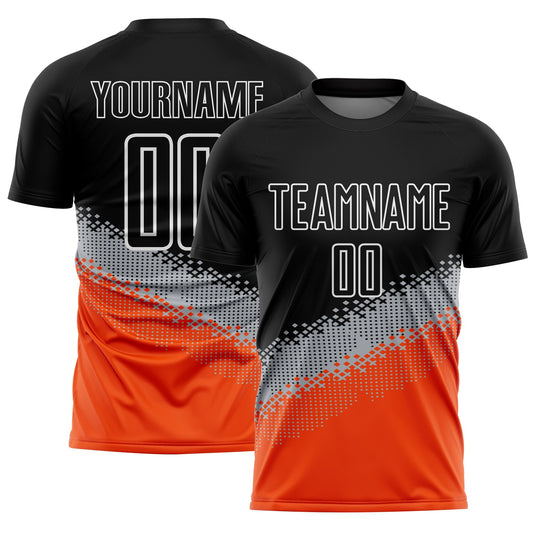 Custom Black Gray-Orange Gradient Geometric Shape Sublimation Soccer Uniform Jersey - Main View