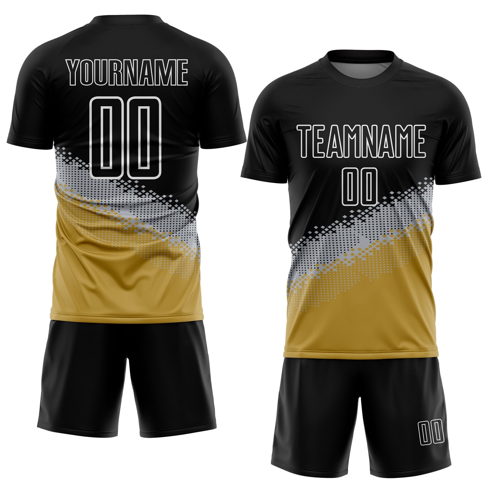 Custom Black Gray-Old Gold Gradient Geometric Shape Sublimation Soccer Uniform Jersey view 2