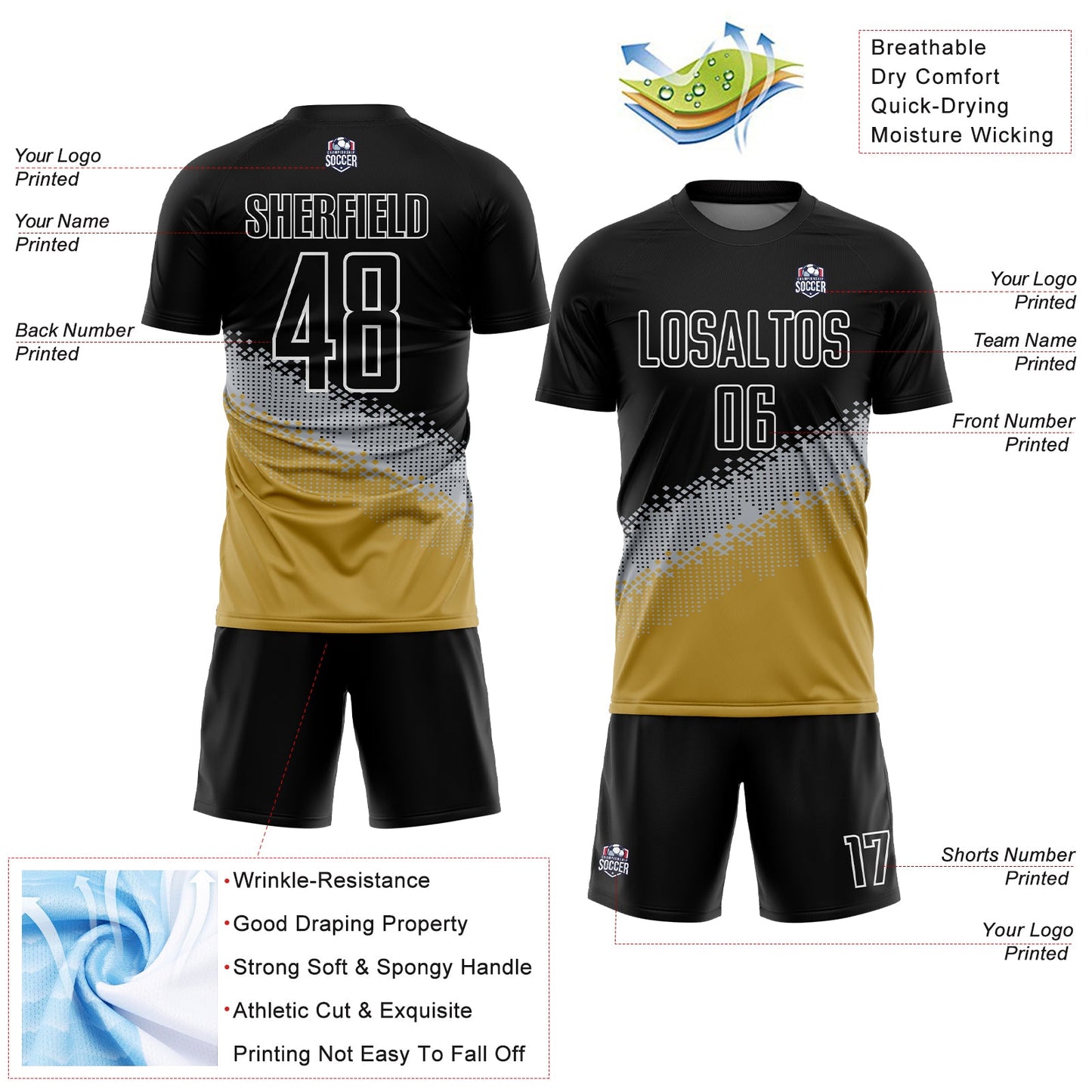 Custom Black Gray-Old Gold Gradient Geometric Shape Sublimation Soccer Uniform Jersey view 4