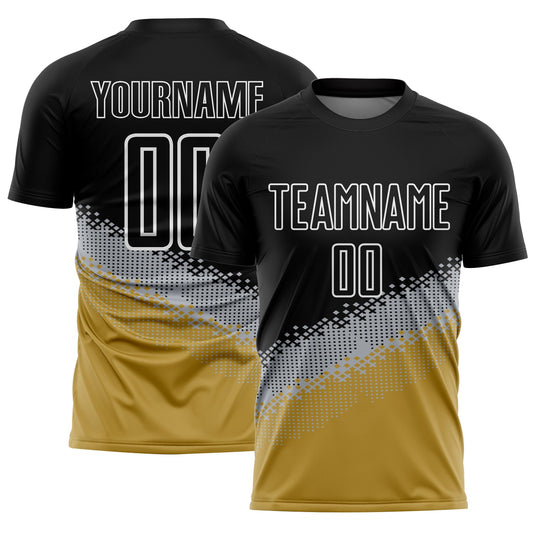 Custom Black Gray-Old Gold Gradient Geometric Shape Sublimation Soccer Uniform Jersey - Main View