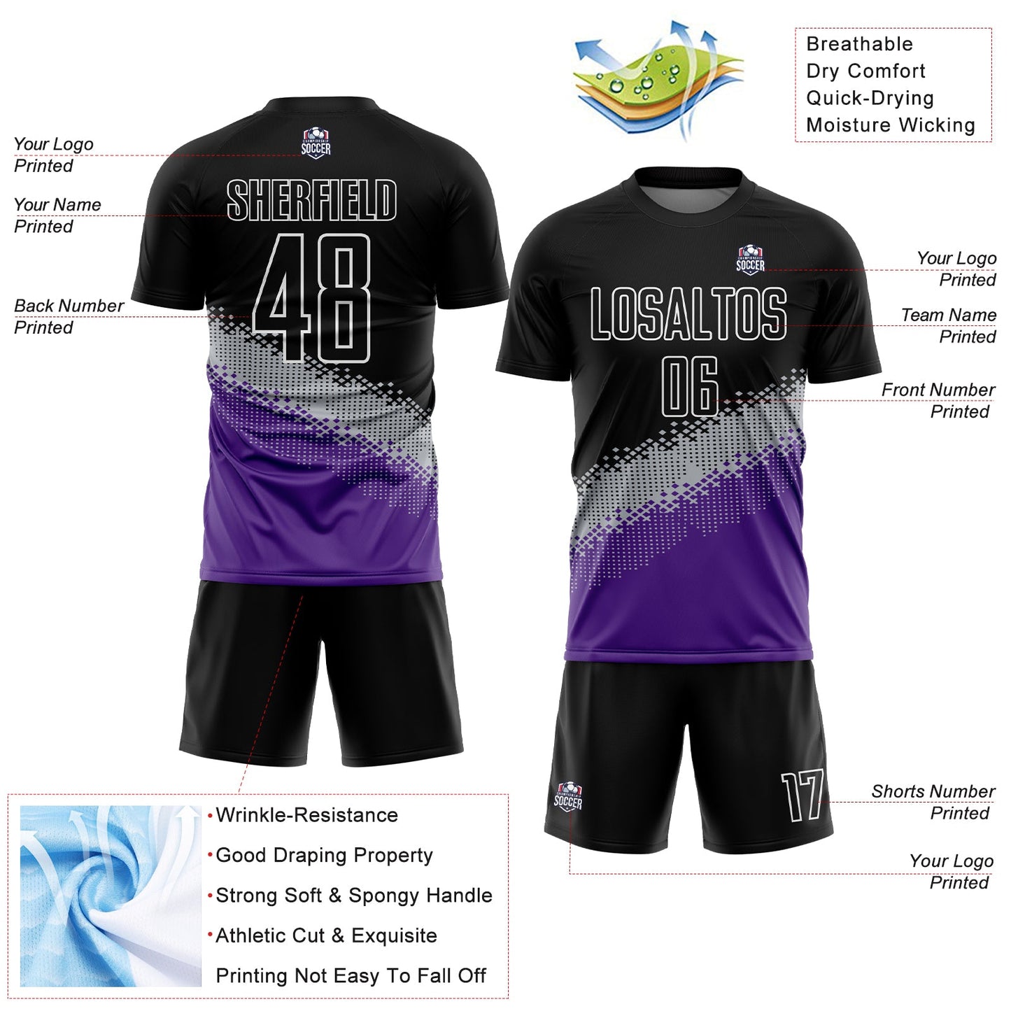 Custom Black Gray-Purple Gradient Geometric Shape Sublimation Soccer Uniform Jersey view 4