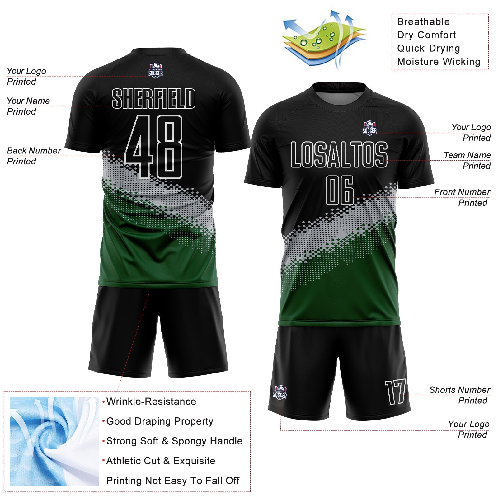 Custom Black Gray-Green Gradient Geometric Shape Sublimation Soccer Uniform Jersey view 4