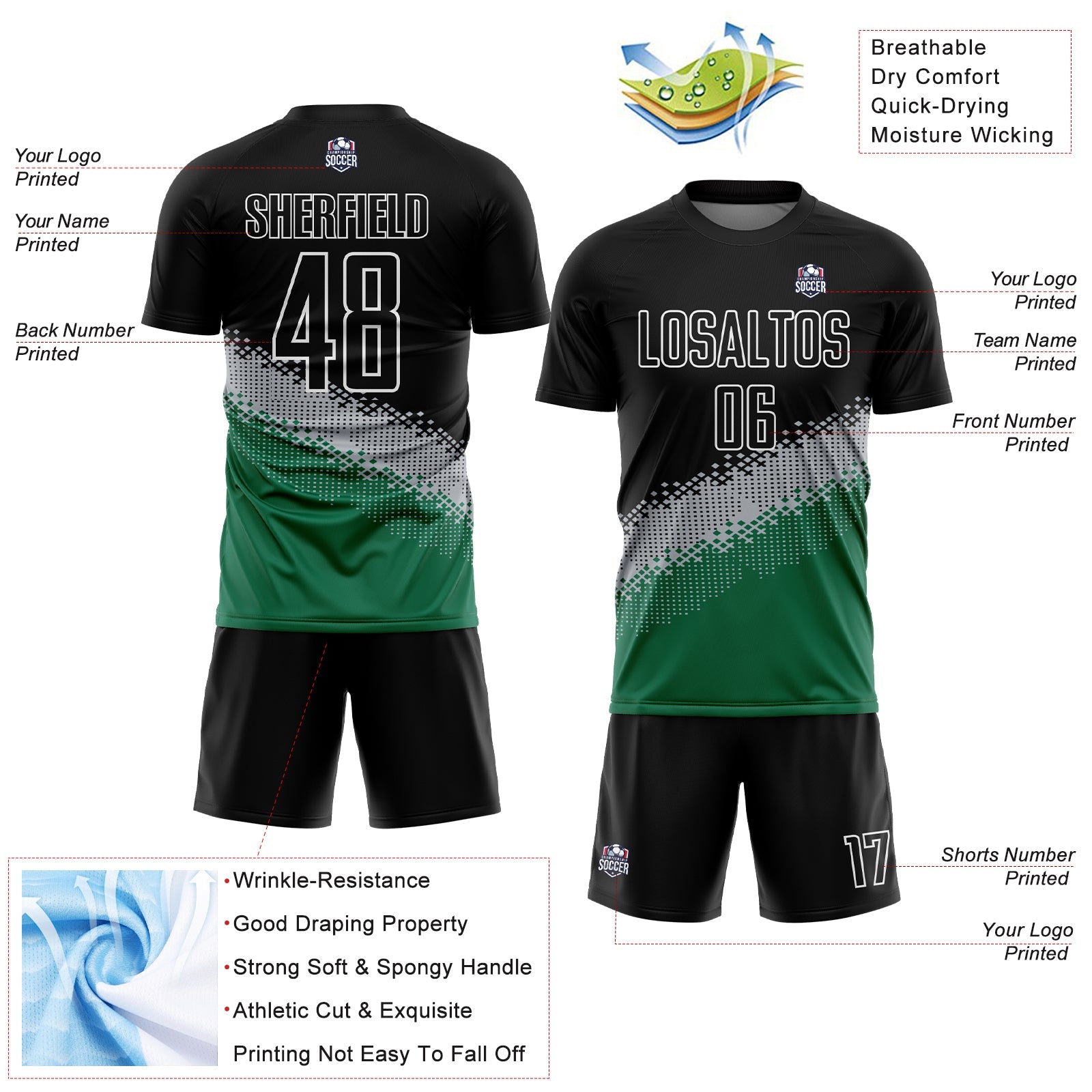 Custom Black Gray-Kelly Green Gradient Geometric Shape Sublimation Soccer Uniform Jersey view 4