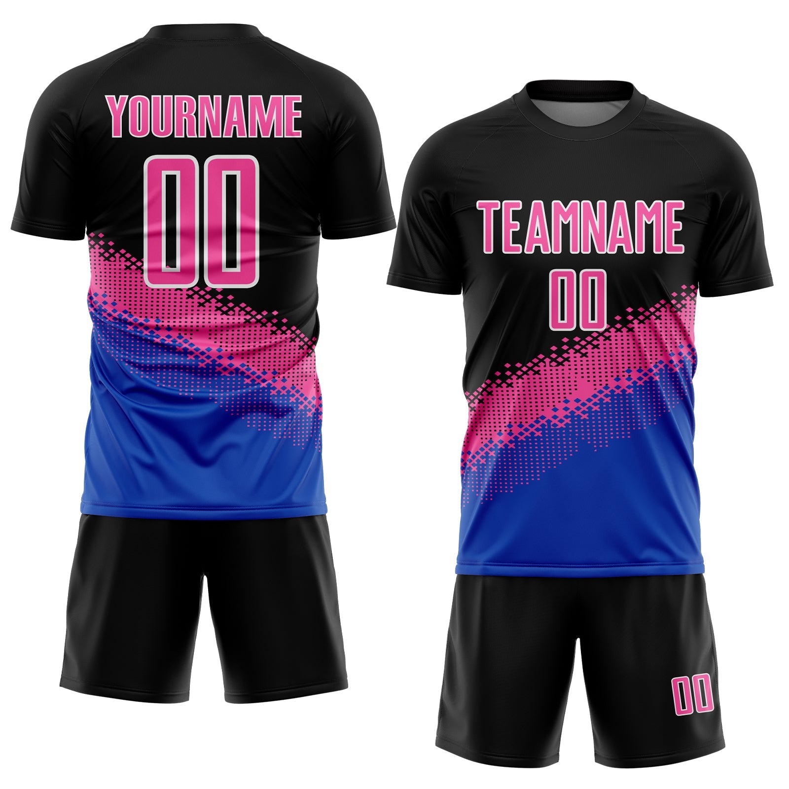 Custom Black Pink-Thunder Blue Gradient Geometric Shape Sublimation Soccer Uniform Jersey view 2