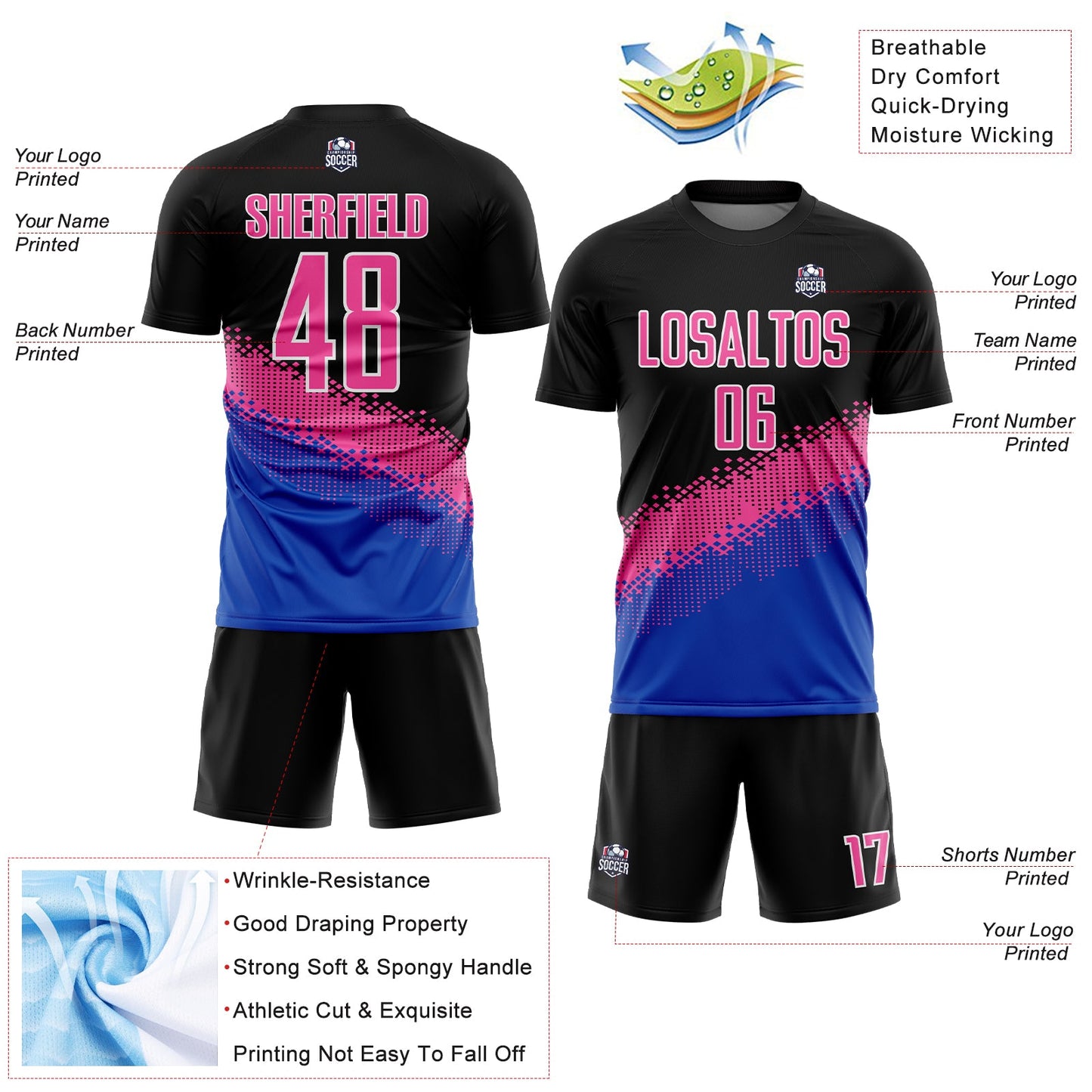 Custom Black Pink-Thunder Blue Gradient Geometric Shape Sublimation Soccer Uniform Jersey view 4