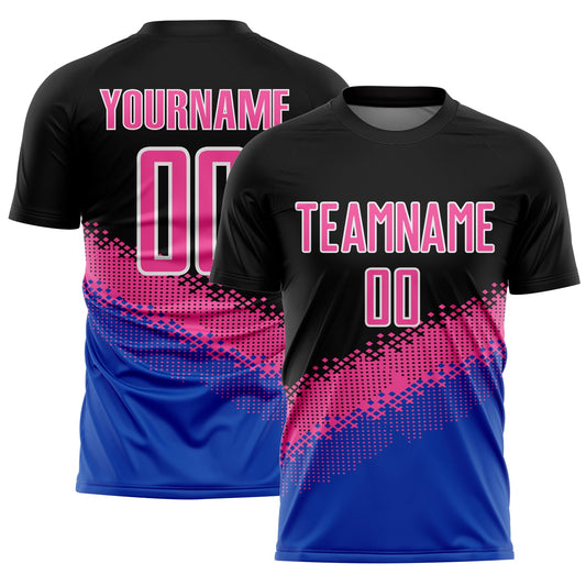 Custom Black Pink-Thunder Blue Gradient Geometric Shape Sublimation Soccer Uniform Jersey - Main View