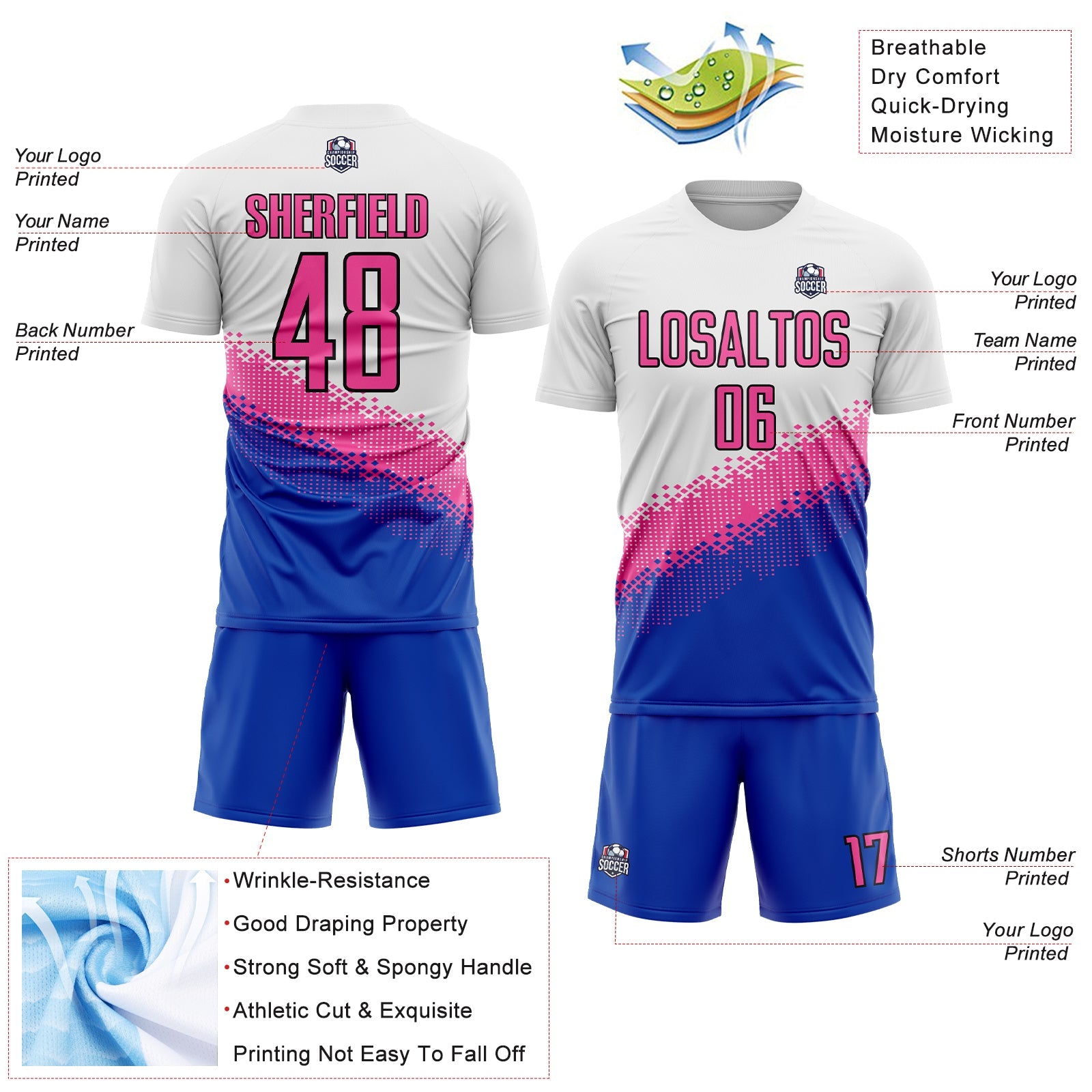 Custom White Pink Thunder Blue-Black Gradient Geometric Shape Sublimation Soccer Uniform Jersey view 4