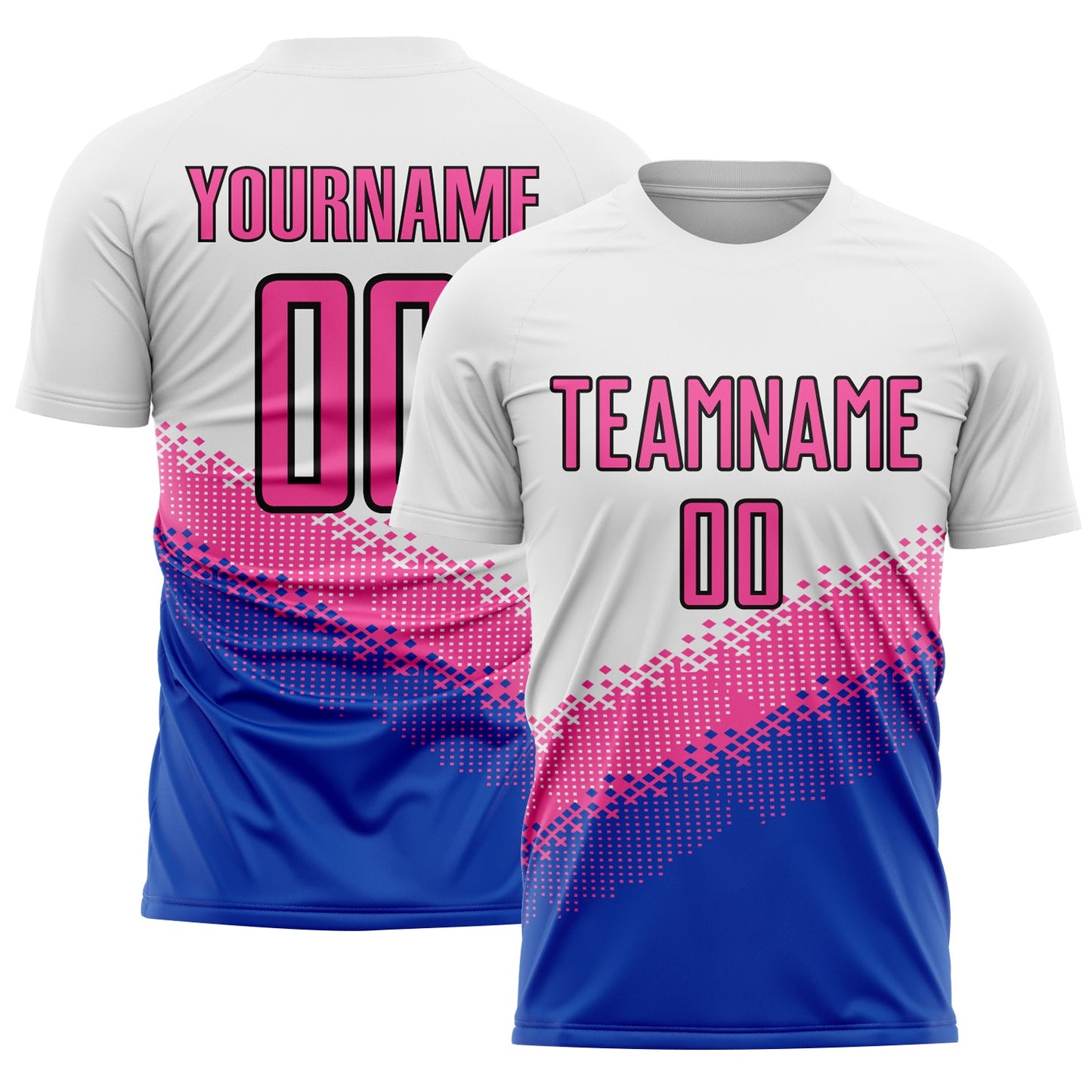 Custom White Pink Thunder Blue-Black Gradient Geometric Shape Sublimation Soccer Uniform Jersey - Main View