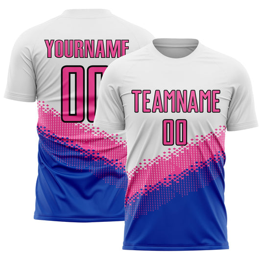 Custom White Pink Thunder Blue-Black Gradient Geometric Shape Sublimation Soccer Uniform Jersey - Main View