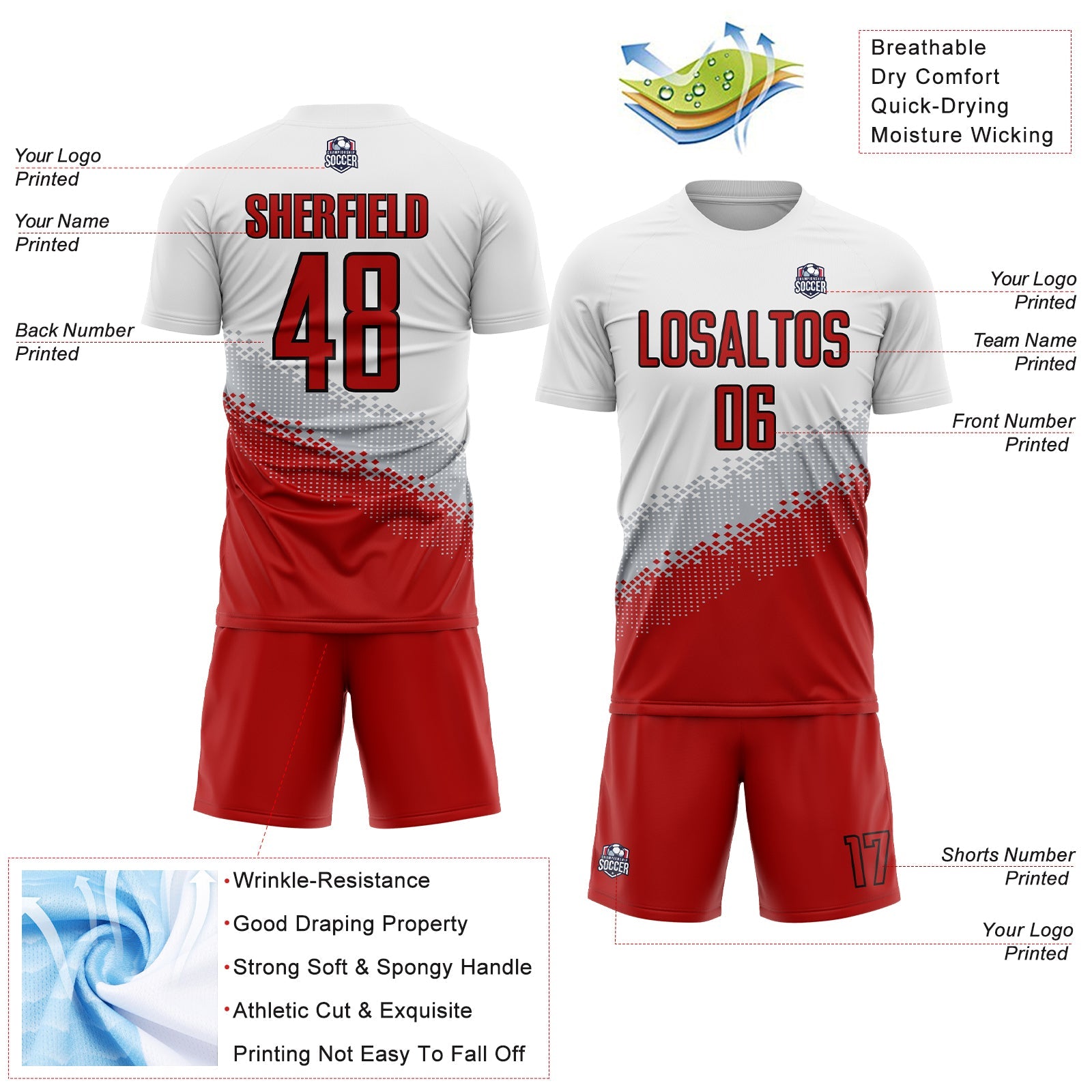 Custom White Red Gray-Black Gradient Geometric Shape Sublimation Soccer Uniform Jersey view 4