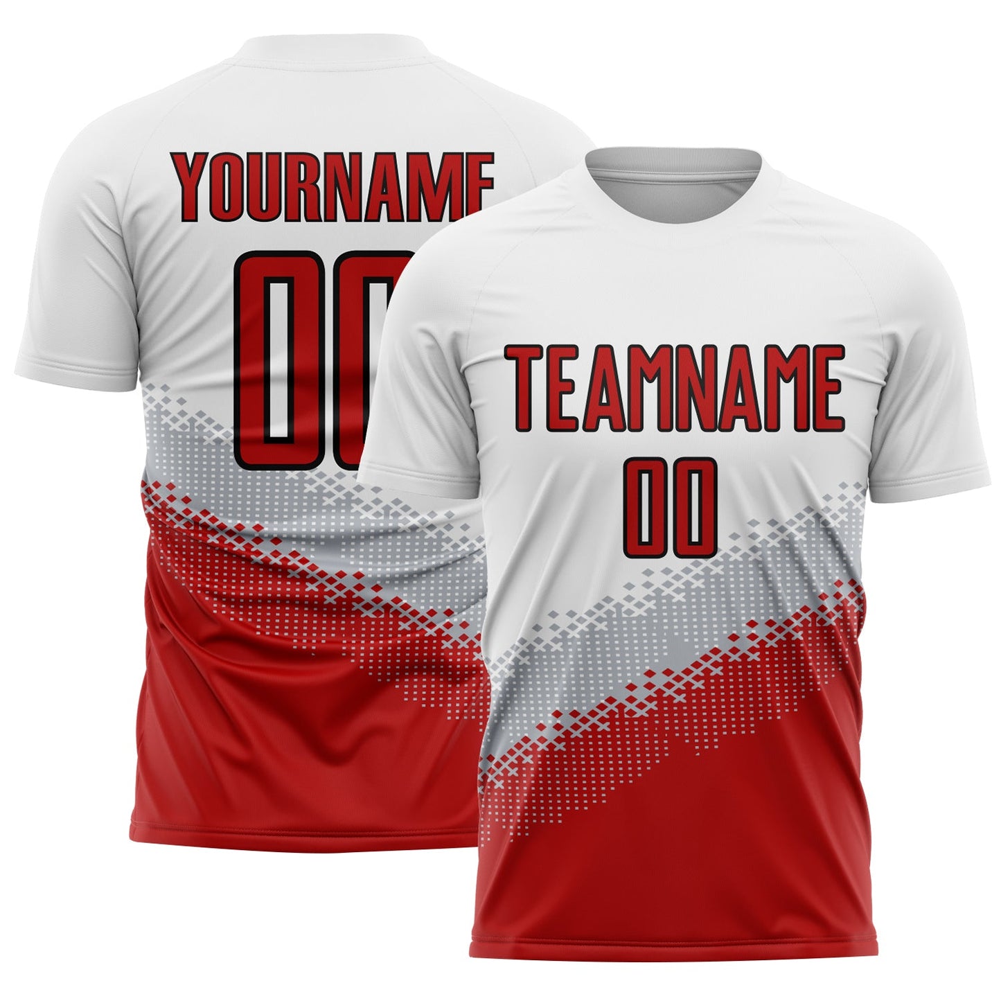 Custom White Red Gray-Black Gradient Geometric Shape Sublimation Soccer Uniform Jersey - Main View