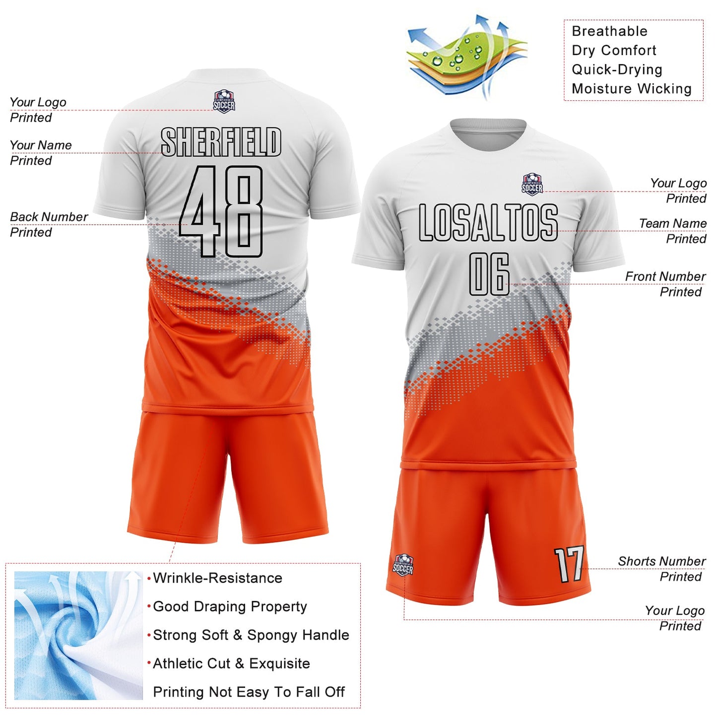 Custom White Gray Orange-Black Gradient Geometric Shape Sublimation Soccer Uniform Jersey view 4