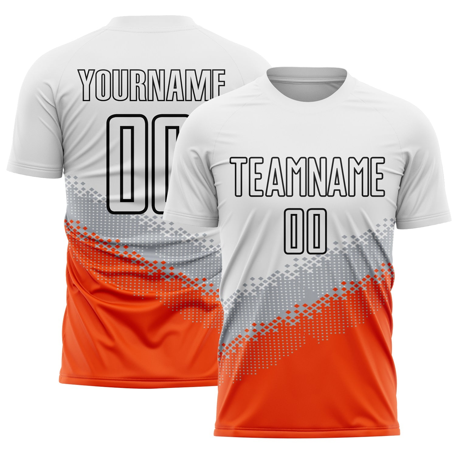 Custom White Gray Orange-Black Gradient Geometric Shape Sublimation Soccer Uniform Jersey - Main View