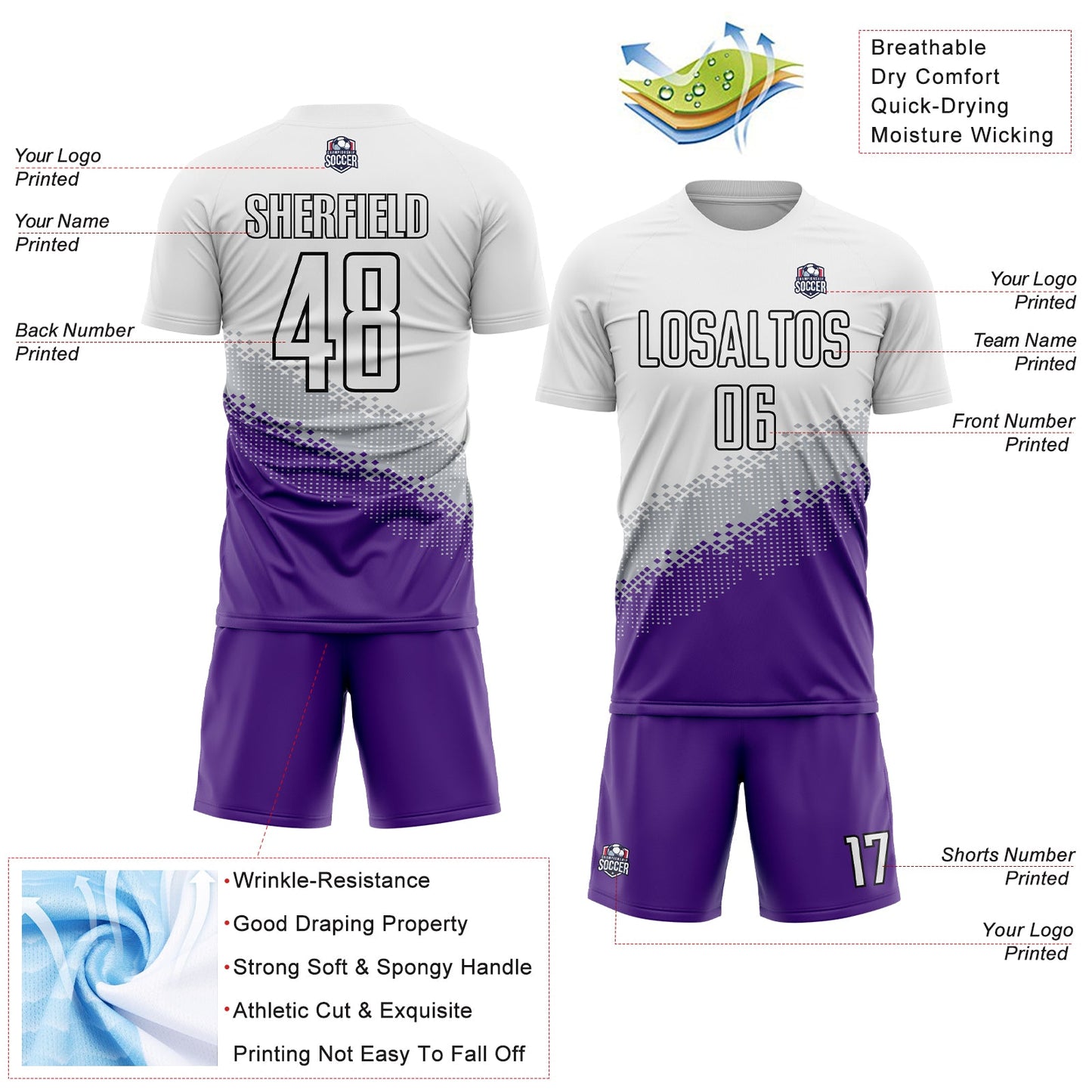 Custom White Gray Purple-Black Gradient Geometric Shape Sublimation Soccer Uniform Jersey view 4