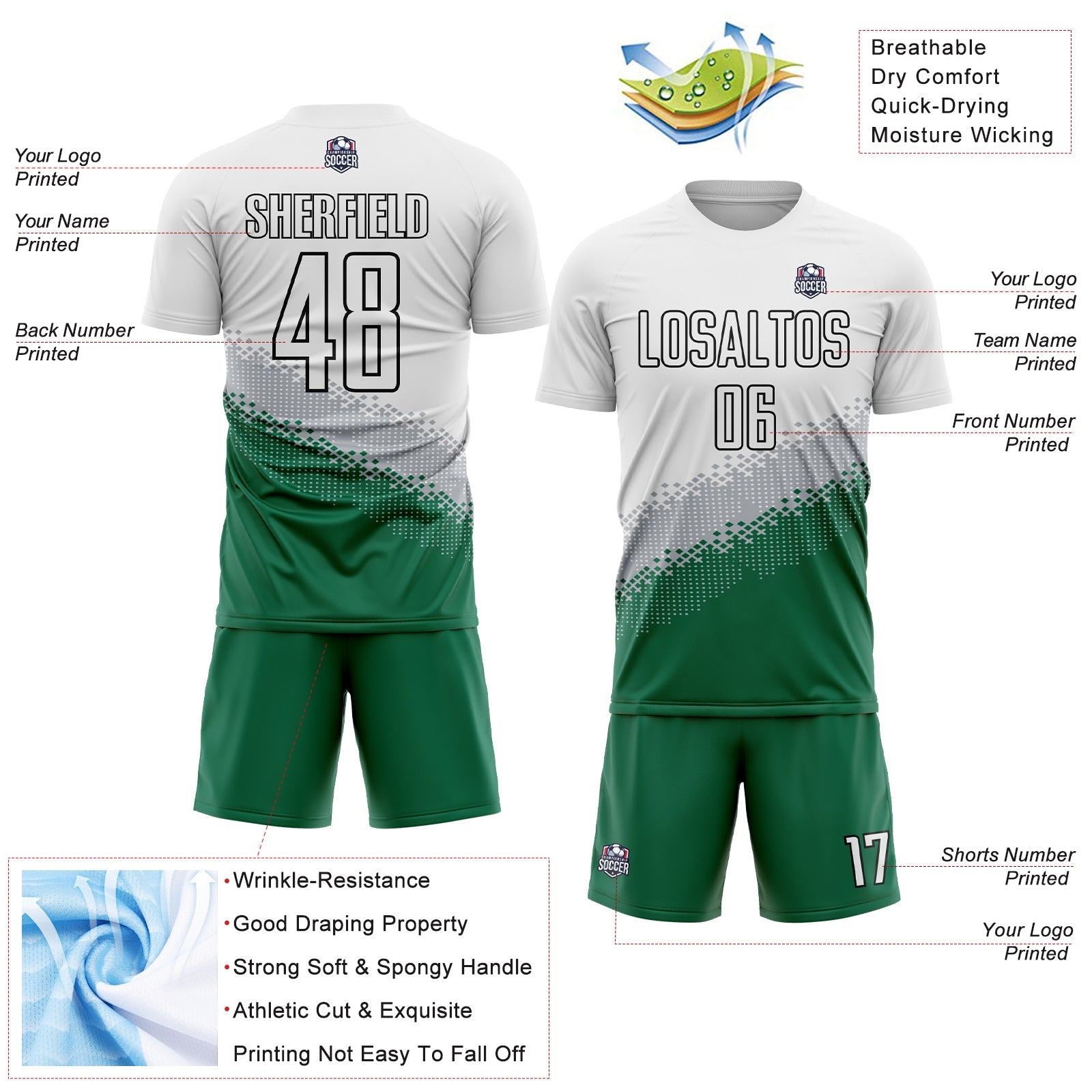 Custom White Gray Kelly Green-Black Gradient Geometric Shape Sublimation Soccer Uniform Jersey view 4