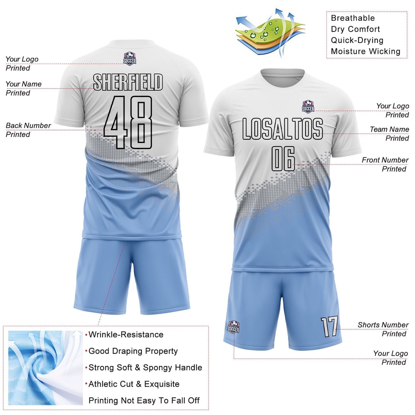 Custom White Gray Light Blue-Black Gradient Geometric Shape Sublimation Soccer Uniform Jersey view 4