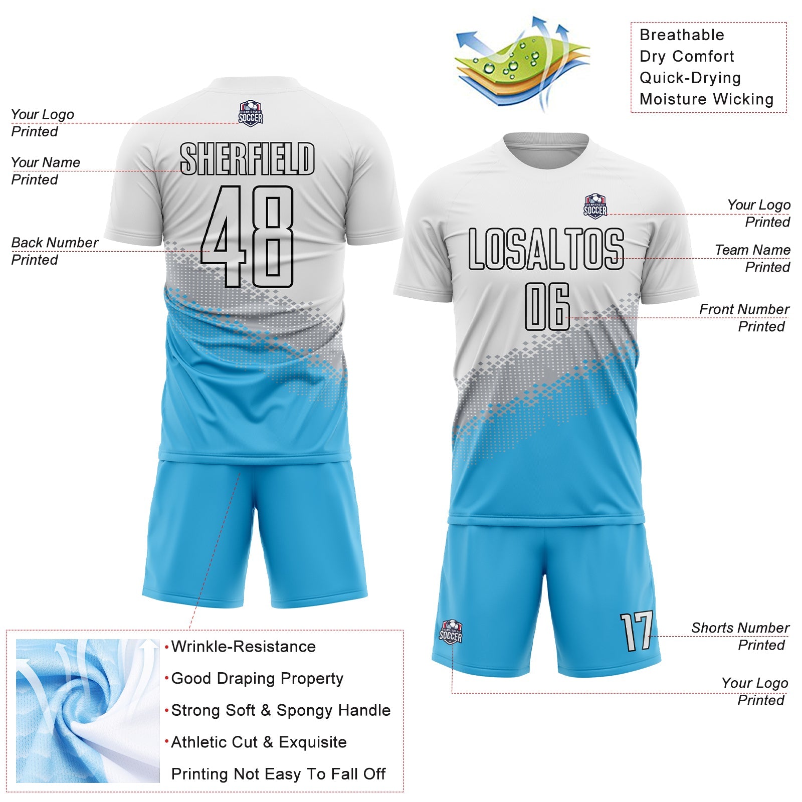 Custom White Gray Sky Blue-Black Gradient Geometric Shape Sublimation Soccer Uniform Jersey view 4