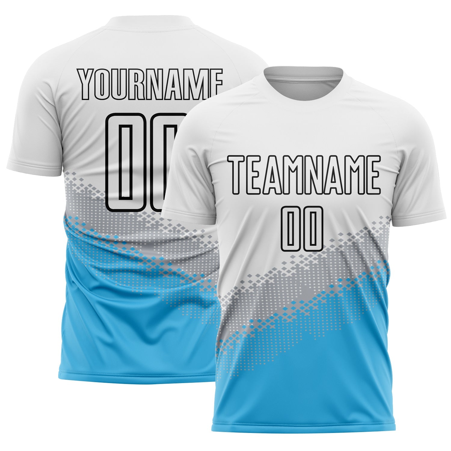 Custom White Gray Sky Blue-Black Gradient Geometric Shape Sublimation Soccer Uniform Jersey - Main View
