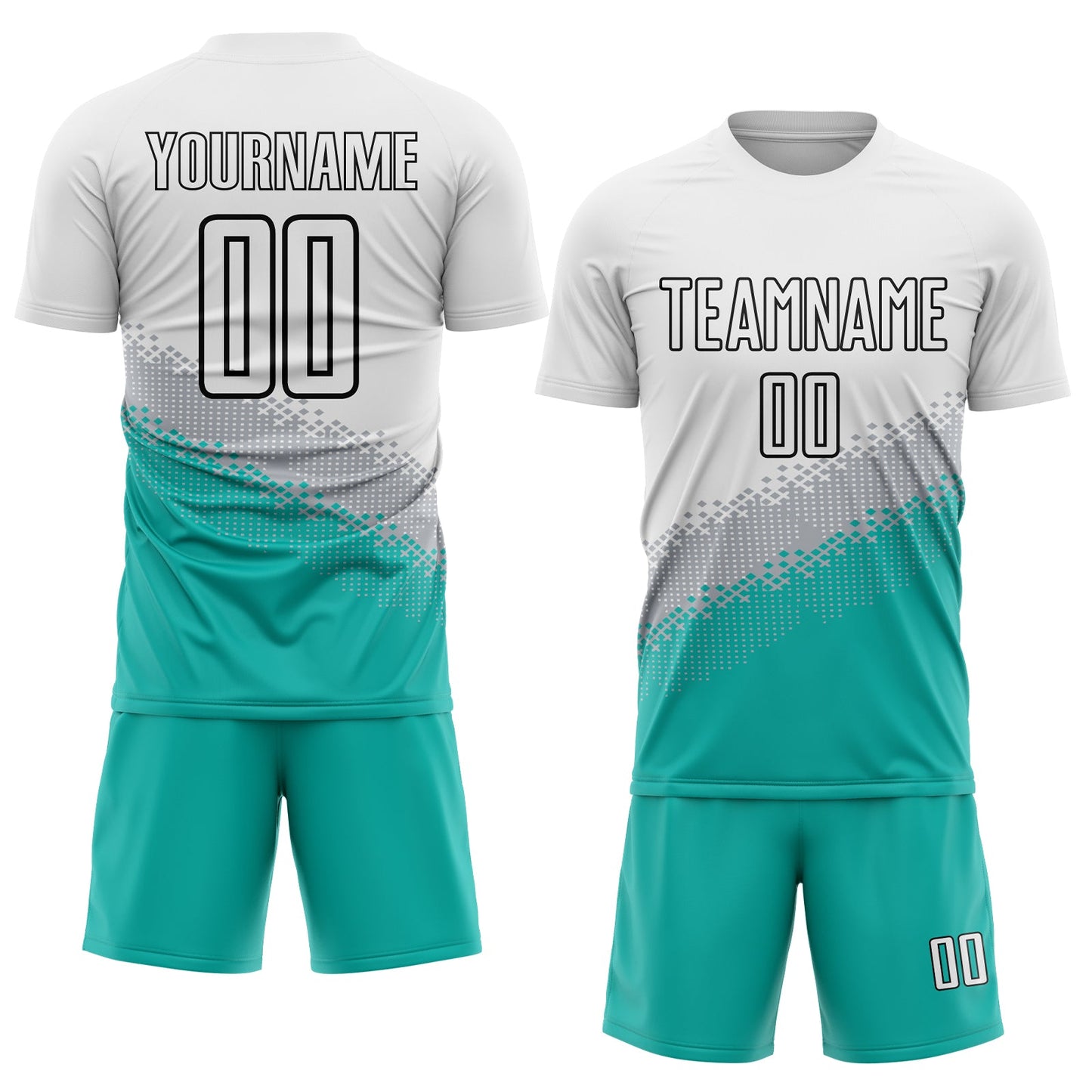 Custom White Gray Aqua-Black Gradient Geometric Shape Sublimation Soccer Uniform Jersey view 2