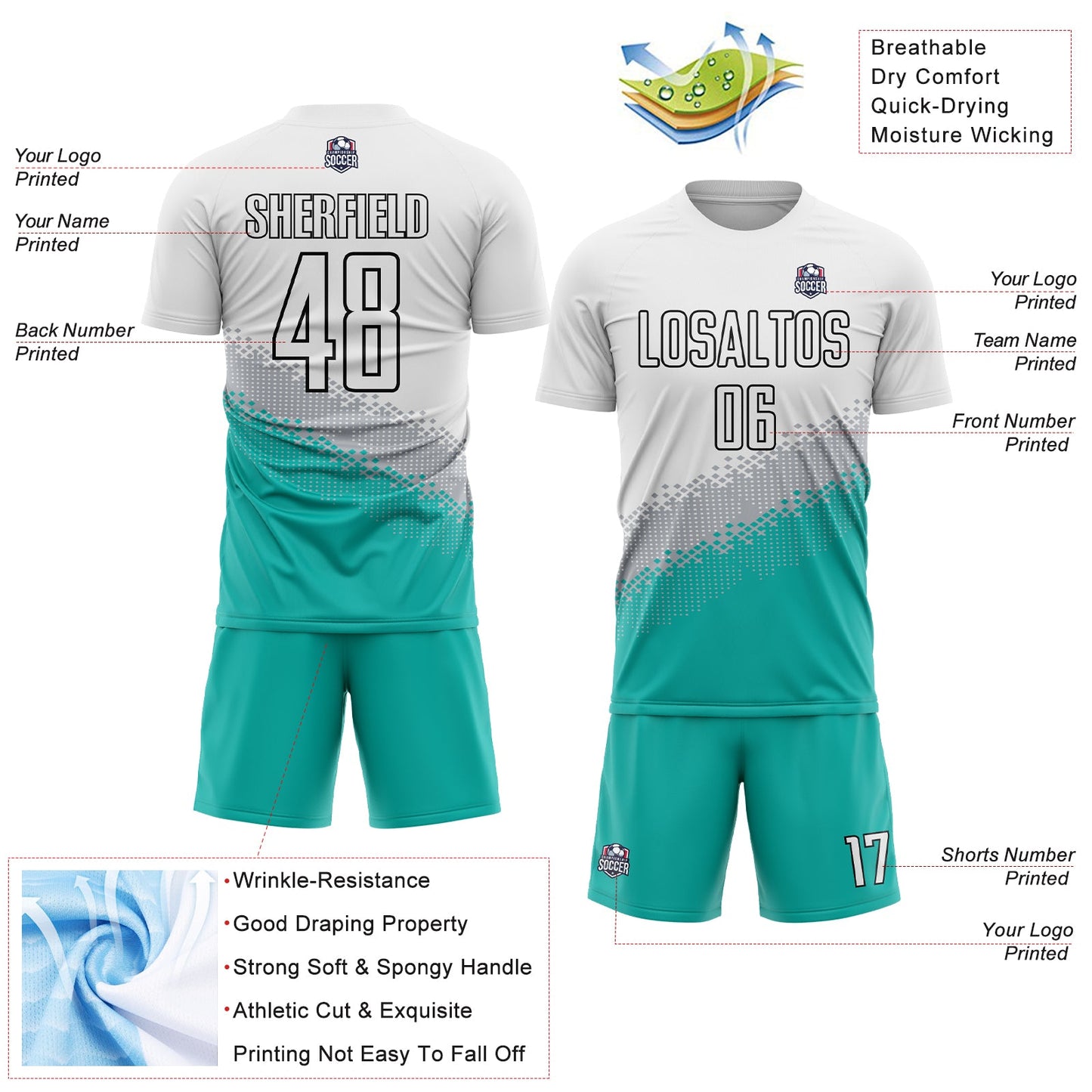 Custom White Gray Aqua-Black Gradient Geometric Shape Sublimation Soccer Uniform Jersey view 4