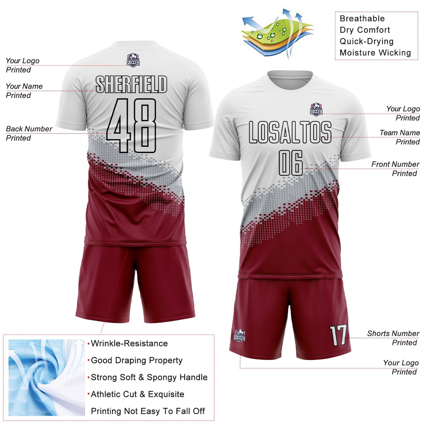 Custom White Gray Crimson-Black Gradient Geometric Shape Sublimation Soccer Uniform Jersey view 4