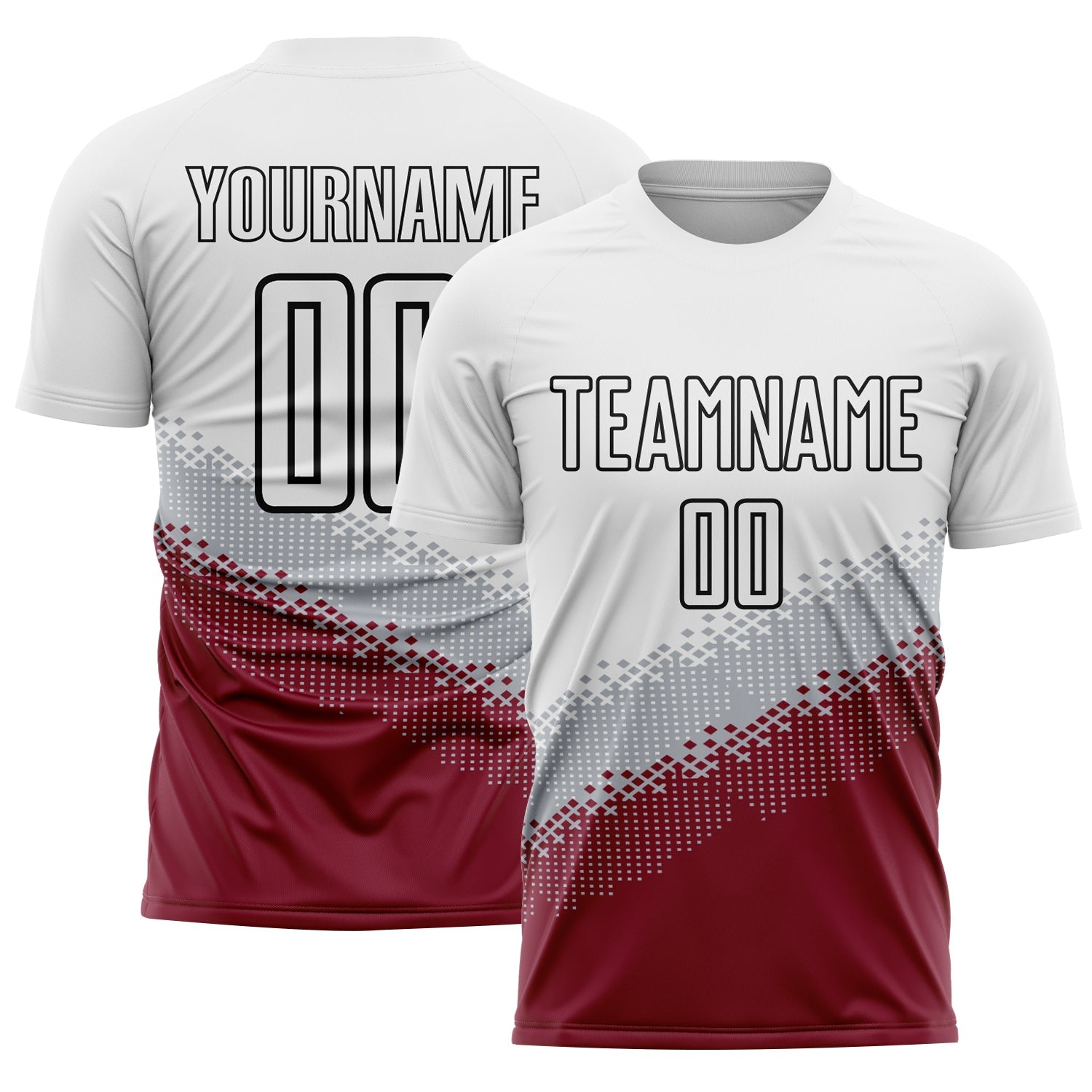 Custom White Gray Crimson-Black Gradient Geometric Shape Sublimation Soccer Uniform Jersey - Main View