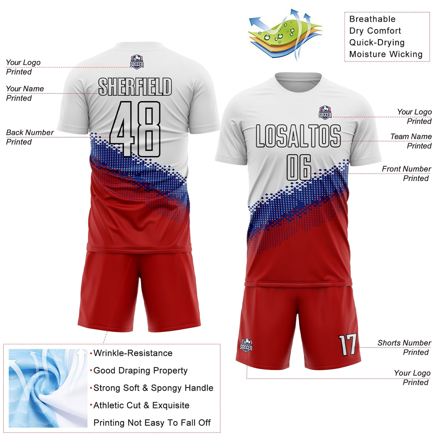 Custom White Royal Red-Black Gradient Geometric Shape Sublimation Soccer Uniform Jersey view 4