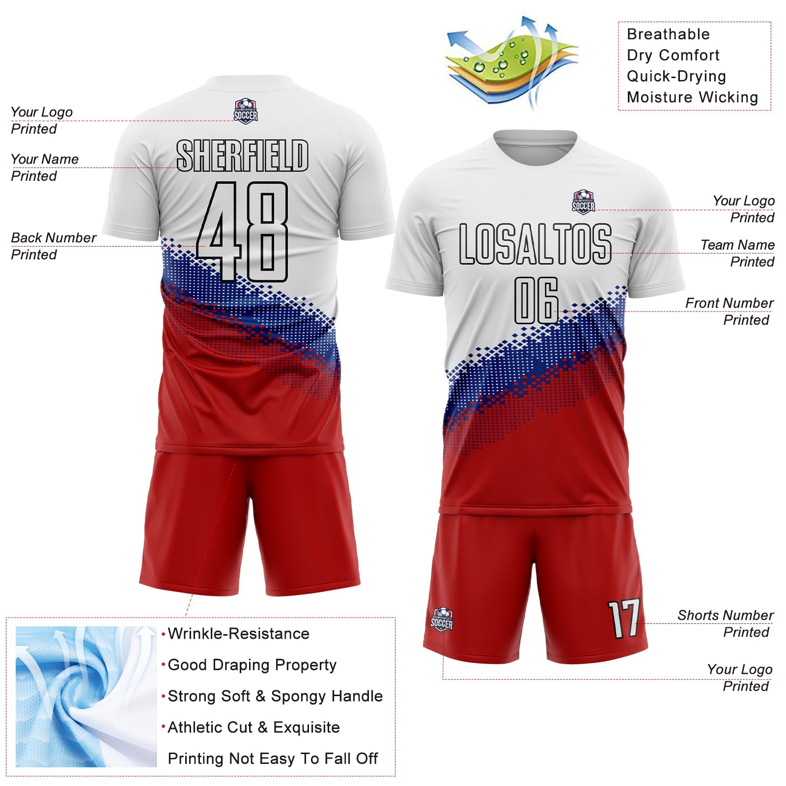 Custom White Royal Red-Black Gradient Geometric Shape Sublimation Soccer Uniform Jersey view 4