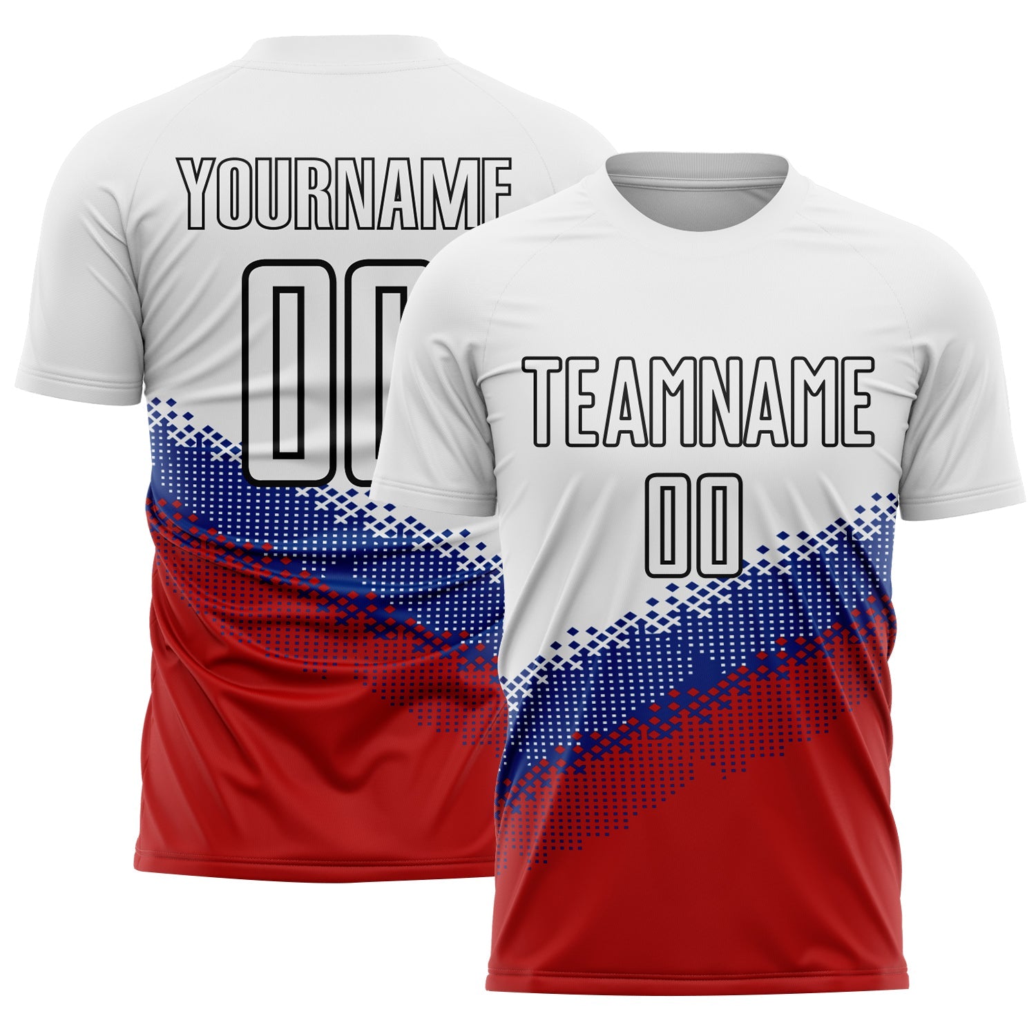 Custom White Royal Red-Black Gradient Geometric Shape Sublimation Soccer Uniform Jersey - Main View