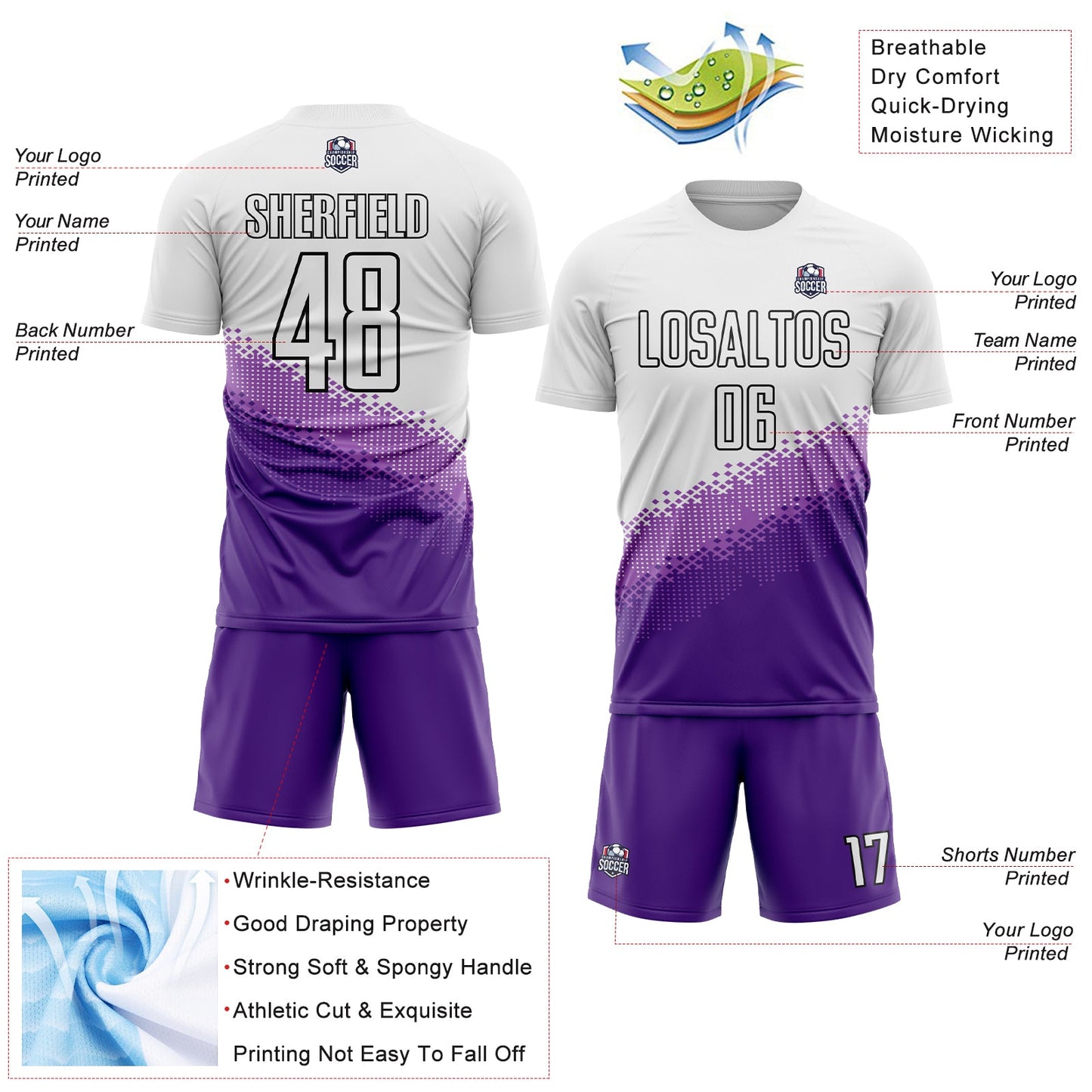 Custom White Medium Purple Purple-Black Gradient Geometric Shape Sublimation Soccer Uniform Jersey view 4