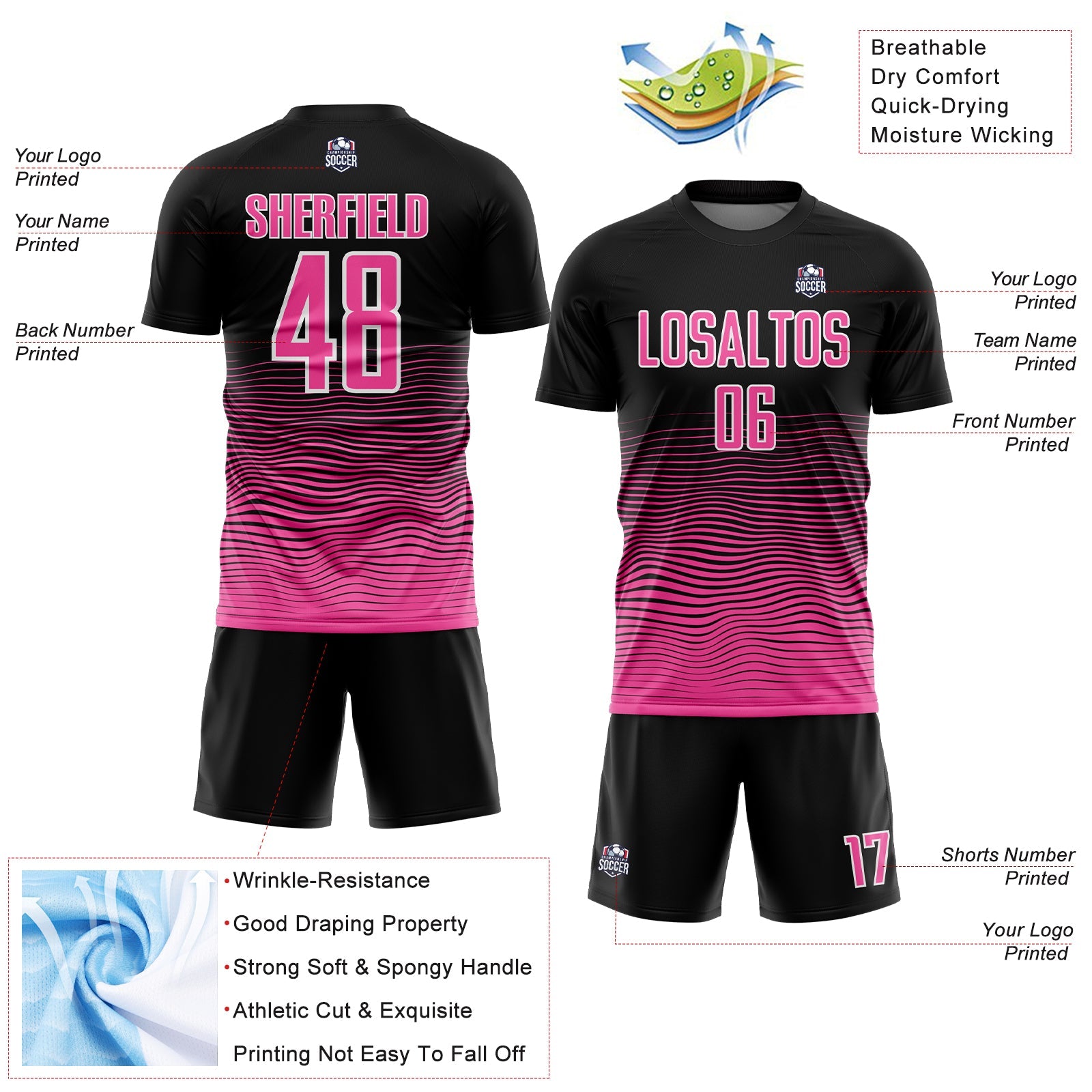 Custom Black Pink-White Gradient Line Sublimation Soccer Uniform Jersey view 4