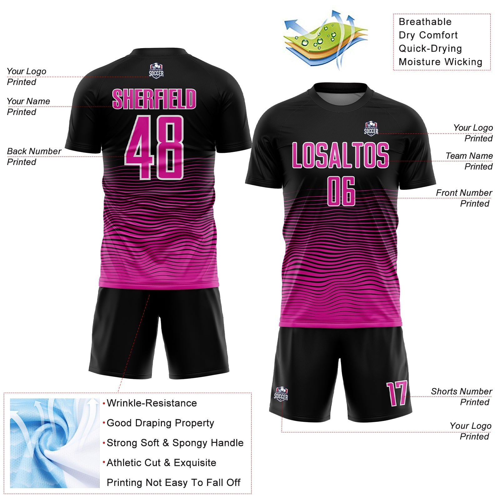 Custom Black Deep Pink-White Gradient Line Sublimation Soccer Uniform Jersey view 4