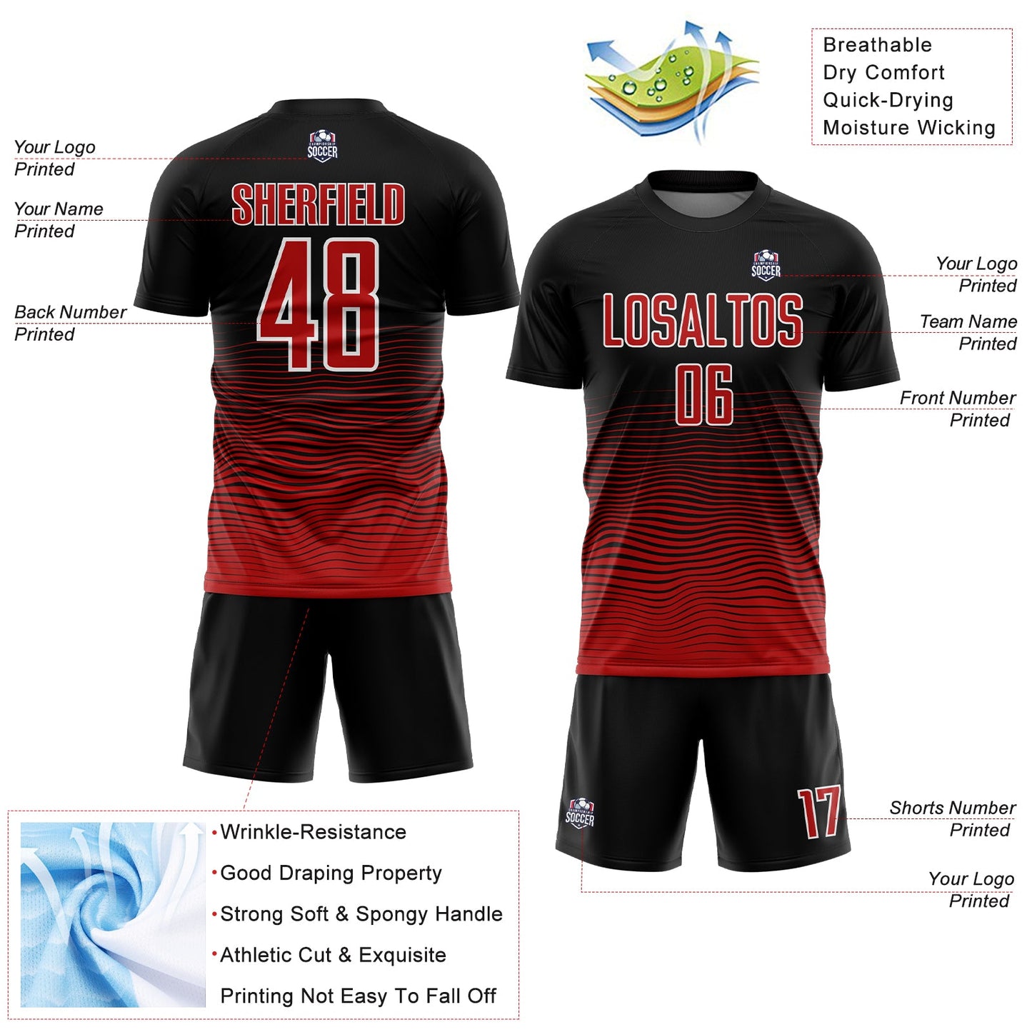 Custom Black Red-White Gradient Line Sublimation Soccer Uniform Jersey view 4