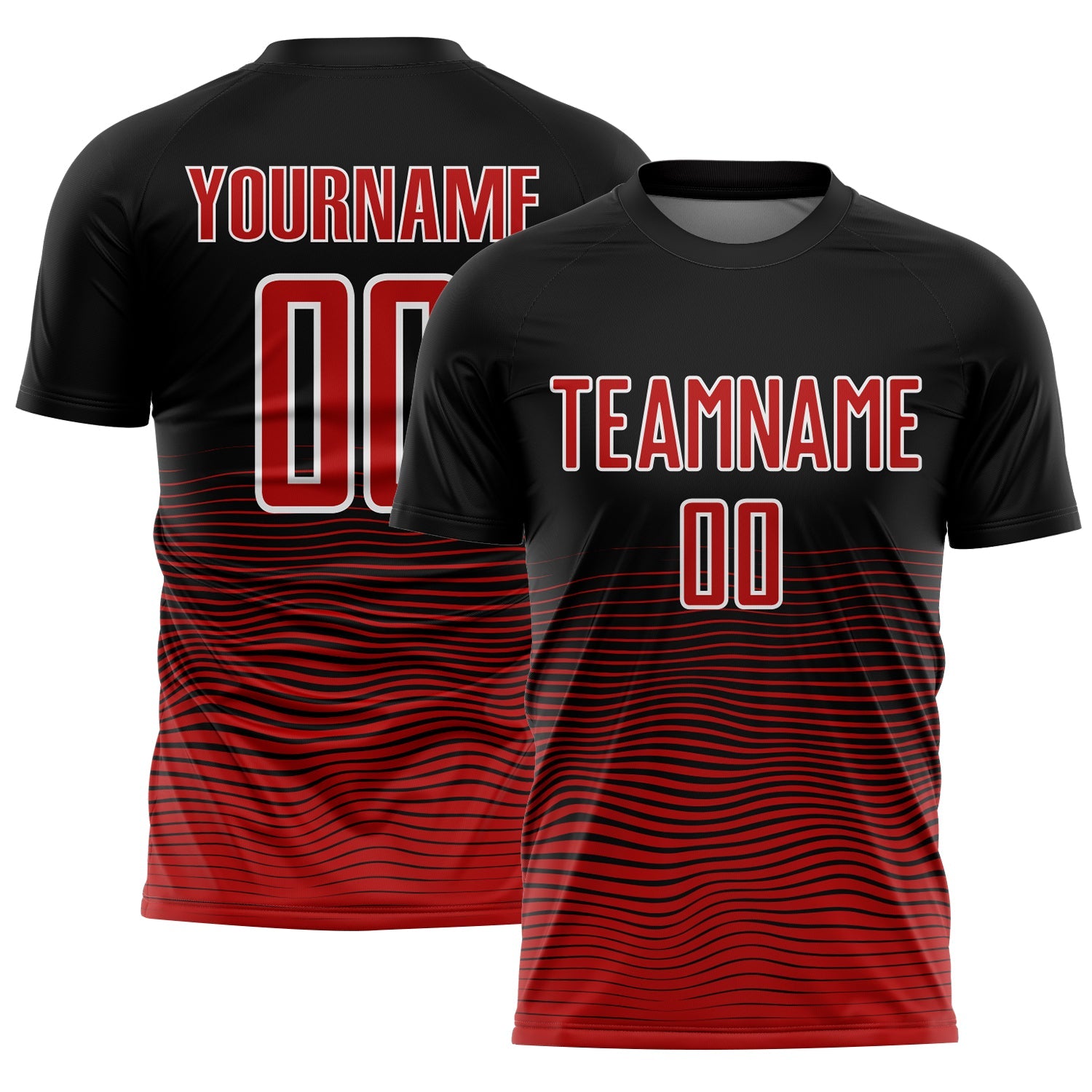 Custom Black Red-White Gradient Line Sublimation Soccer Uniform Jersey - Main View