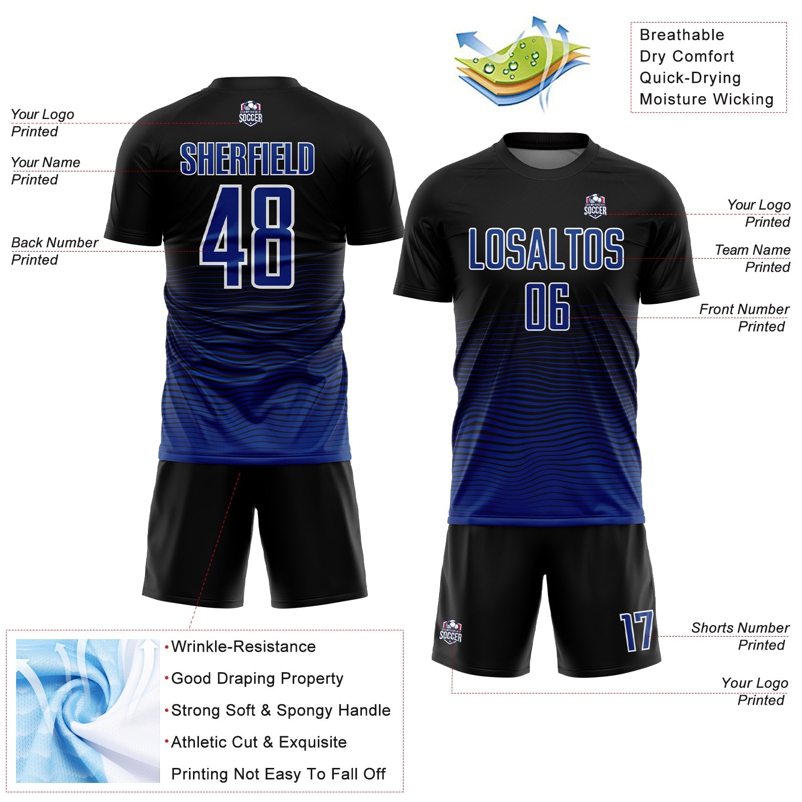 Custom Black Royal-White Gradient Line Sublimation Soccer Uniform Jersey view 4
