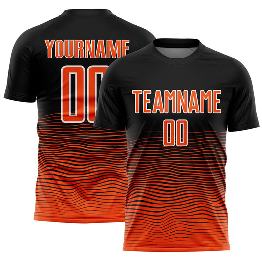 Custom Black Orange-White Gradient Line Sublimation Soccer Uniform Jersey - Main View
