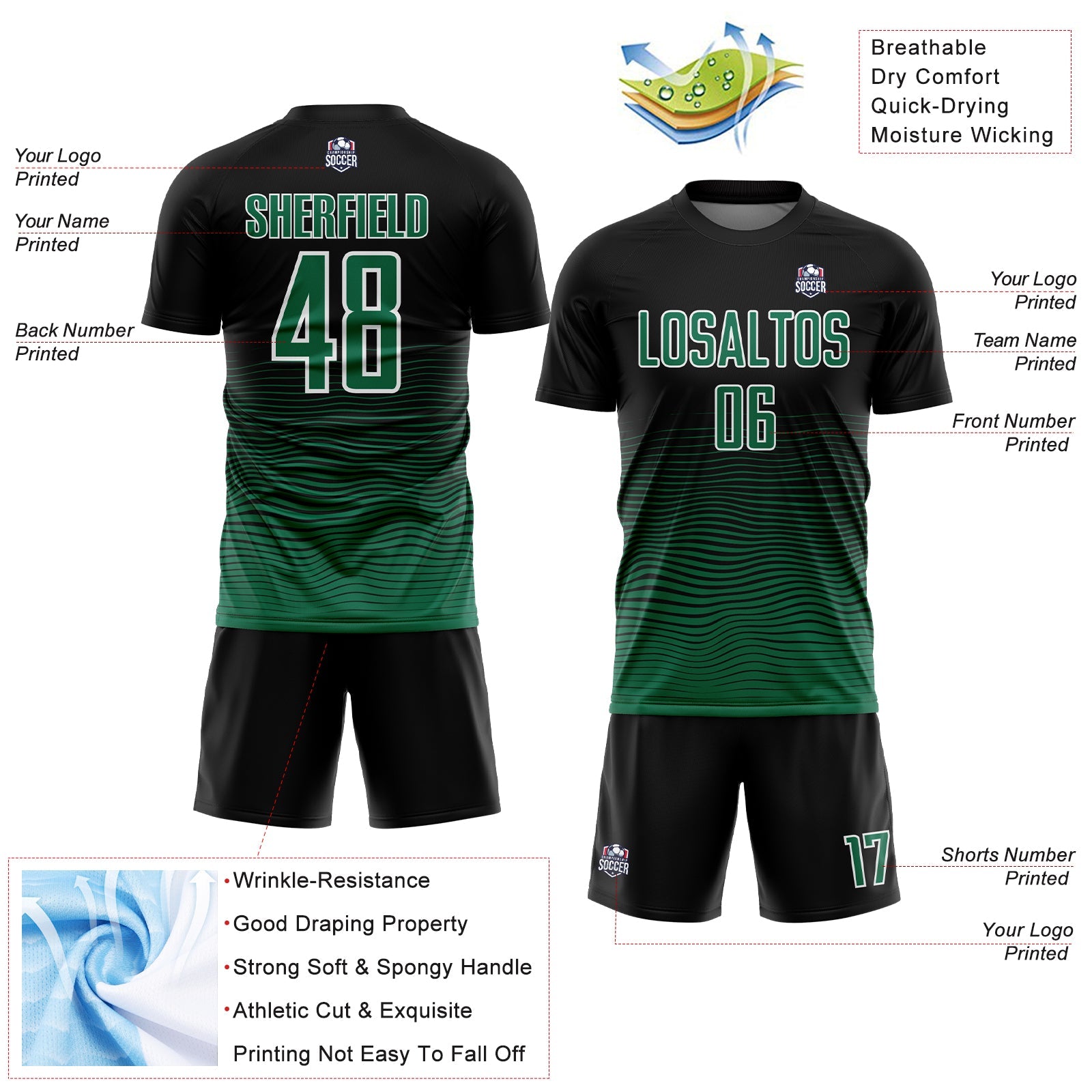 Custom Black Kelly Green-White Gradient Line Sublimation Soccer Uniform Jersey view 4