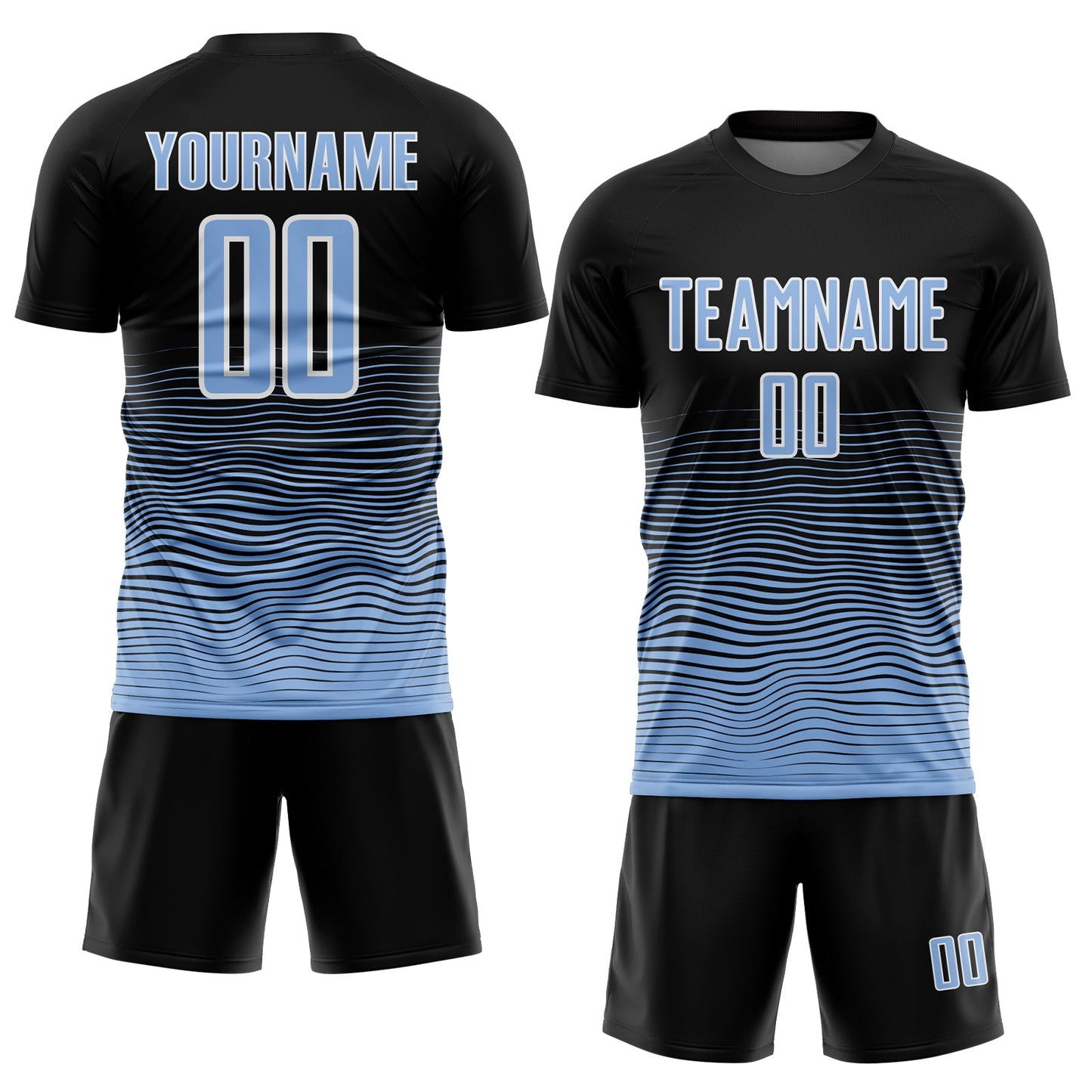 Custom Black Light Blue-White Gradient Line Sublimation Soccer Uniform Jersey view 2
