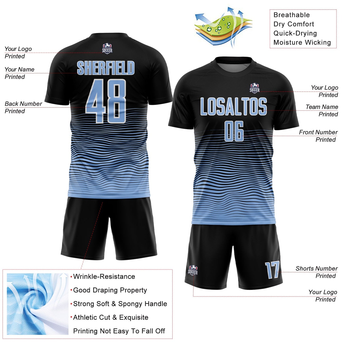 Custom Black Light Blue-White Gradient Line Sublimation Soccer Uniform Jersey view 4
