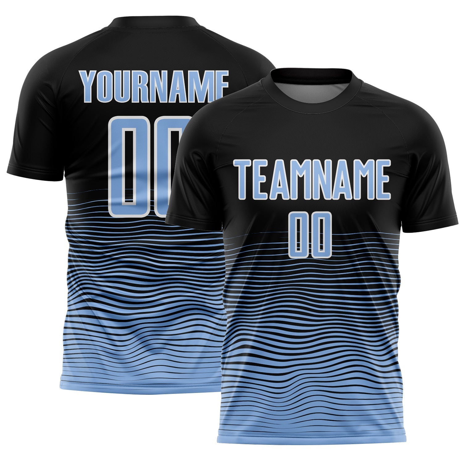 Custom Black Light Blue-White Gradient Line Sublimation Soccer Uniform Jersey - Main View