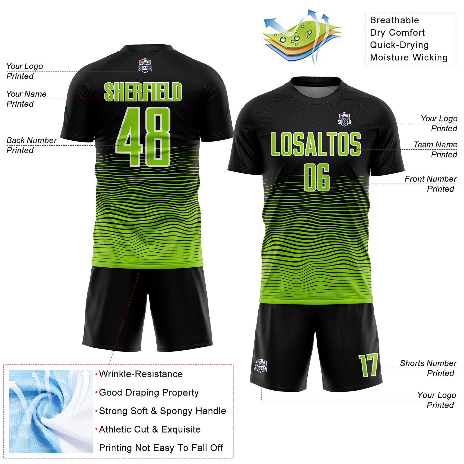 Custom Black Neon Green-White Gradient Line Sublimation Soccer Uniform Jersey view 4