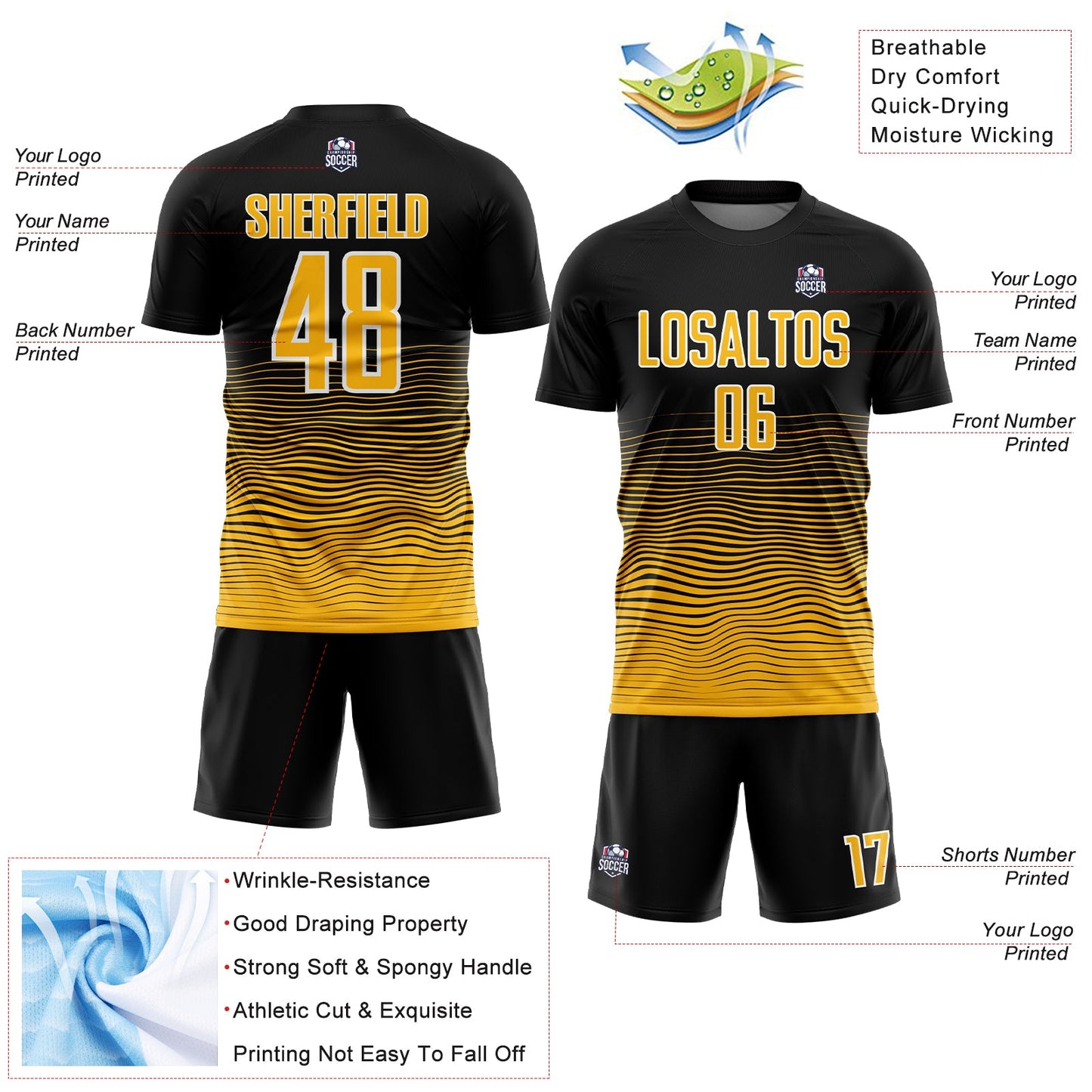 Custom Black Gold-White Gradient Line Sublimation Soccer Uniform Jersey view 4