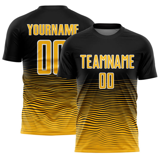 Custom Black Gold-White Gradient Line Sublimation Soccer Uniform Jersey - Main View