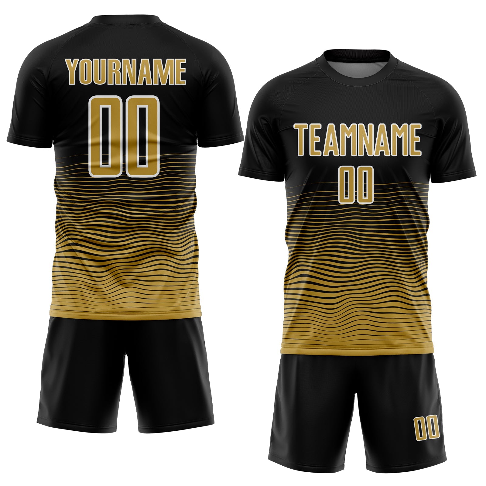 Custom Black Old Gold-White Gradient Line Sublimation Soccer Uniform Jersey view 2